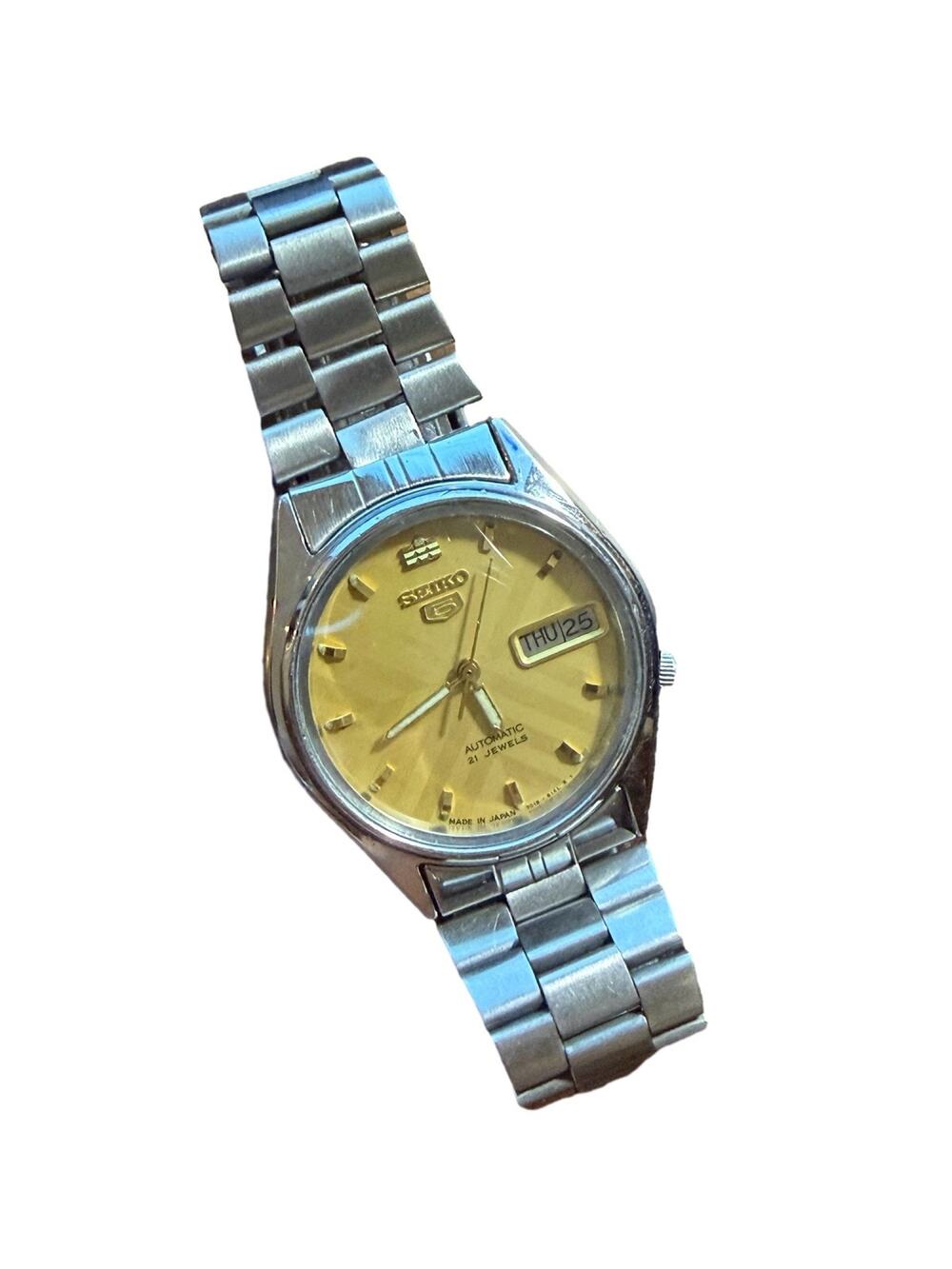 Seiko 5 Automatic Watch Gold Sunburst Dial Day Date Steel Bracelet